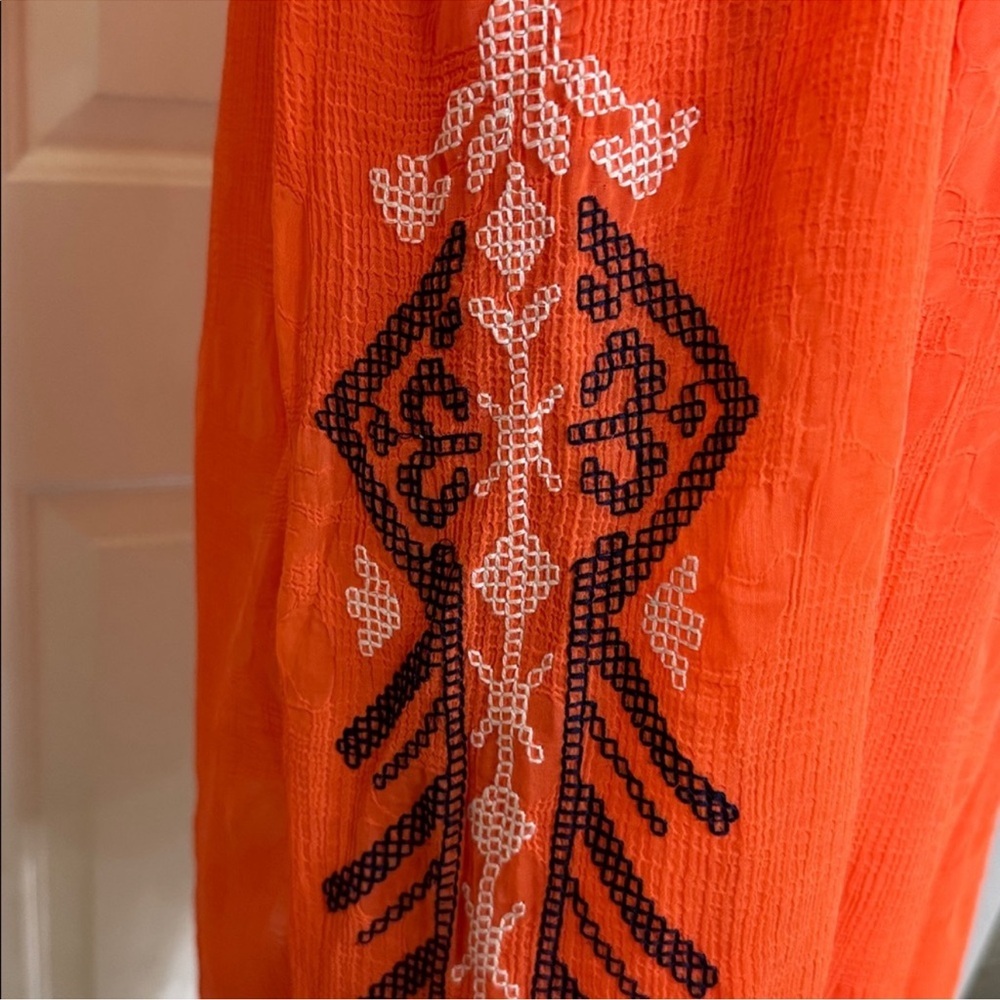 Boho Embroidered Tunic Top Orange Peasant Blouse Beach Cover Up M - Picture 4 of 6